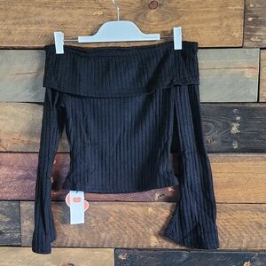 Cider Black Ribbed Off-Shoulder Top